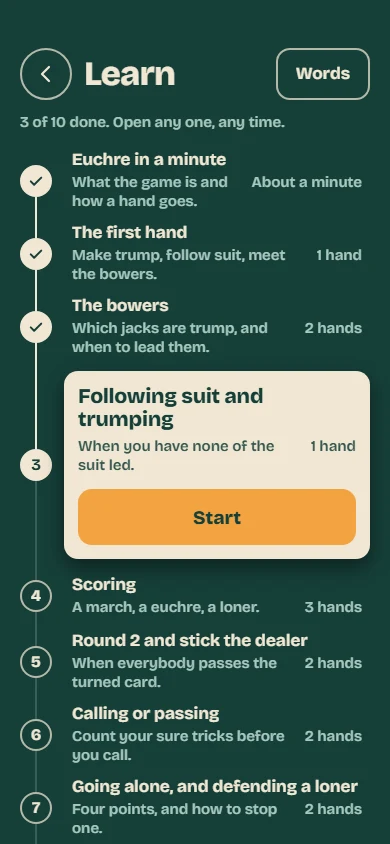 The Learn path, with Euchre in a minute, the first hand and the bowers done