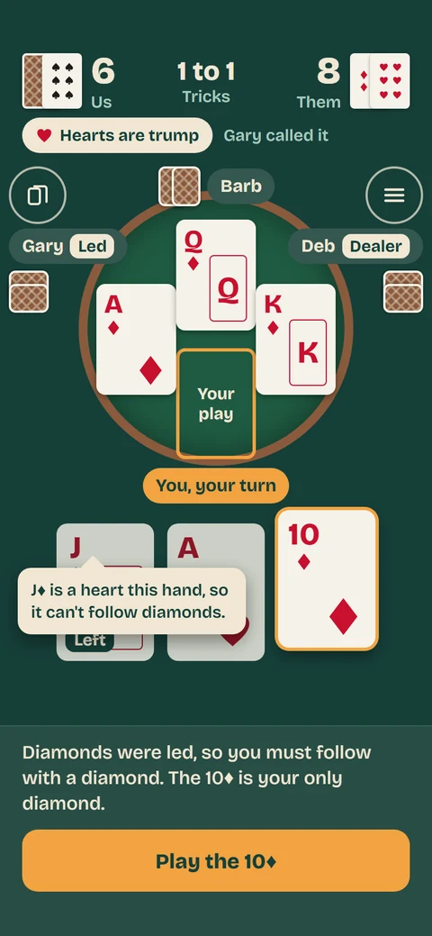 The Euchre March table: hearts are trump, diamonds were led, and the 10 of diamonds is your only diamond